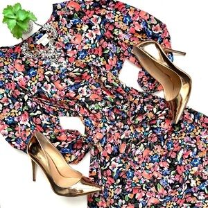 Shoshanna Santana Floral Printed Puff-Sleeve Midi Dress Sash Bow Belt V-Neck S